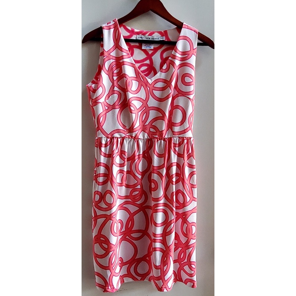 Gretchen Scott Dress S Sleeveless White/Pink/Coral Scroll Fit Flare Has Pockets!